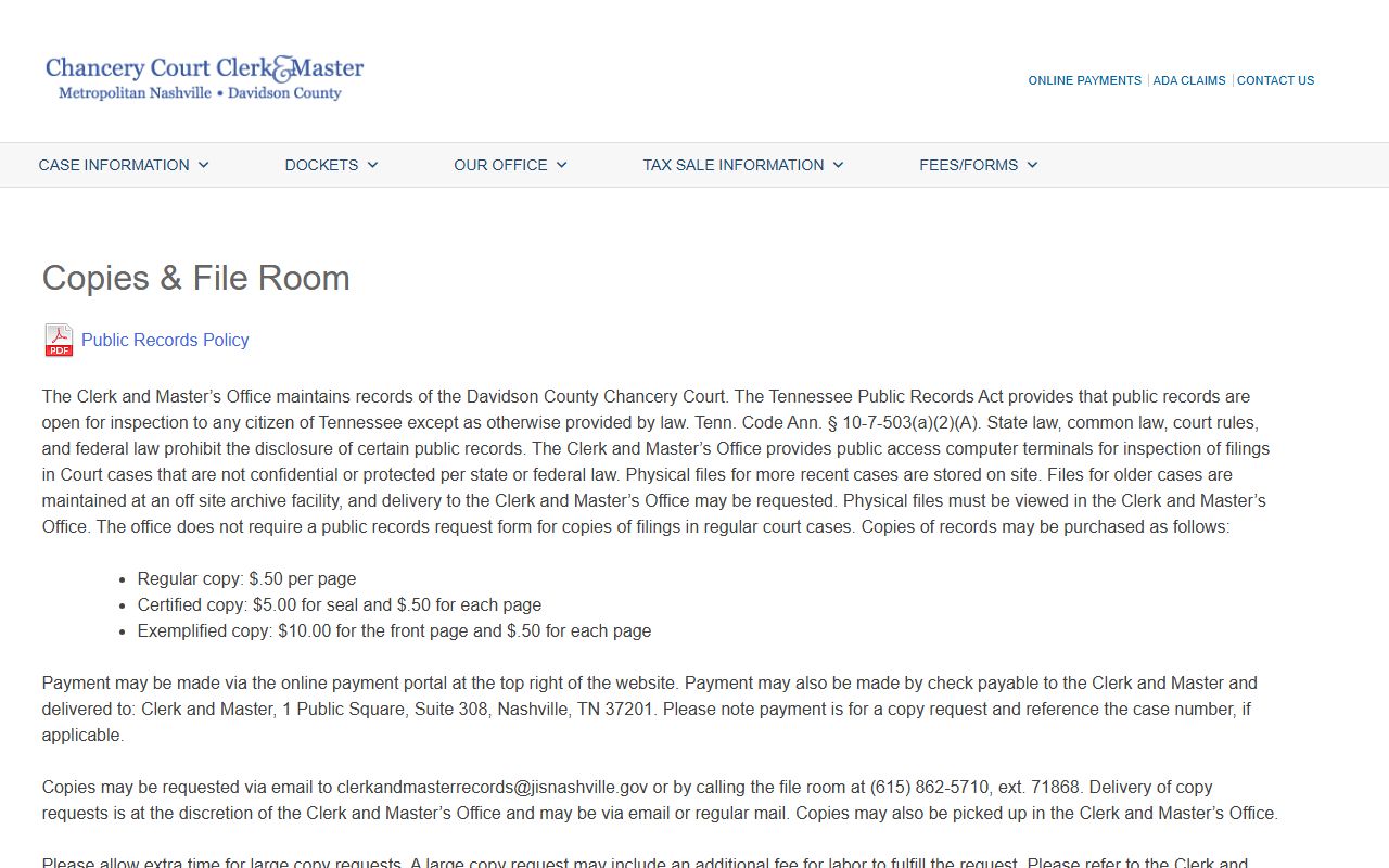 Davidson County Chancery court records file room and copy policy