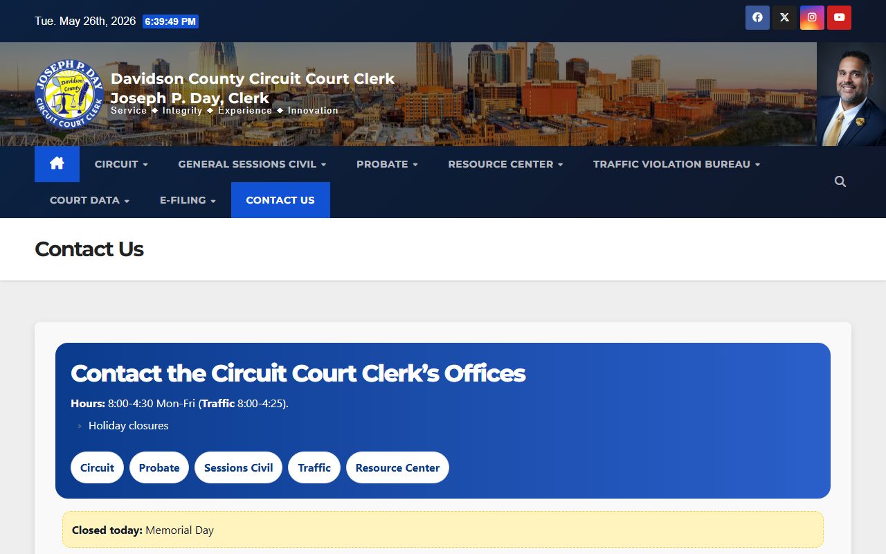 Davidson County Circuit Court Clerk records contact page