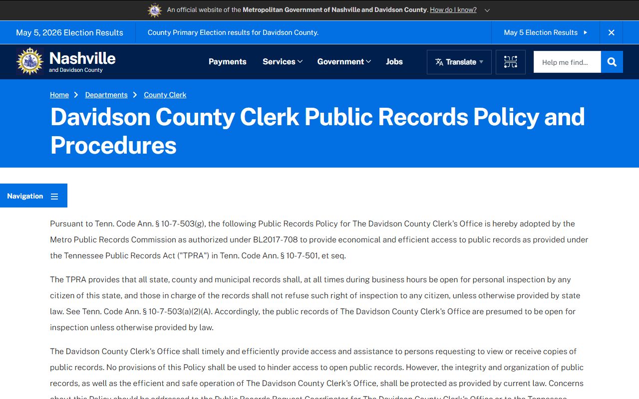 Davidson County public records County Clerk policy page