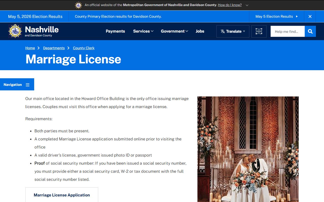 Davidson County marriage records license requirements page