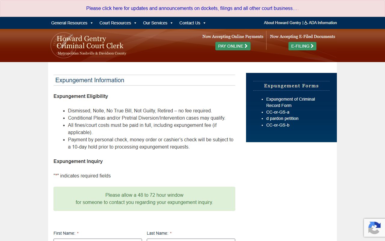 Davidson County criminal court records expungement information page