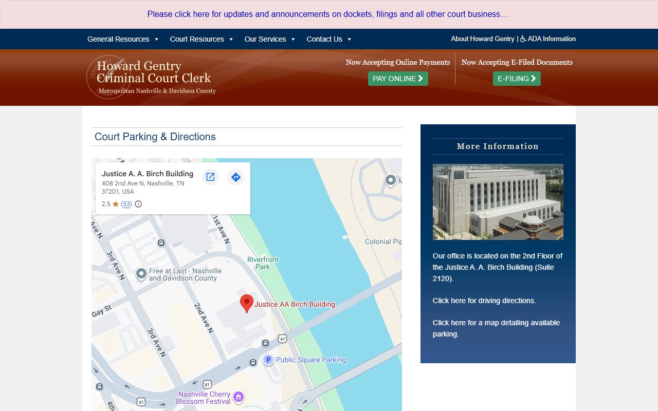 Davidson County traffic court records Criminal Court Clerk parking and directions