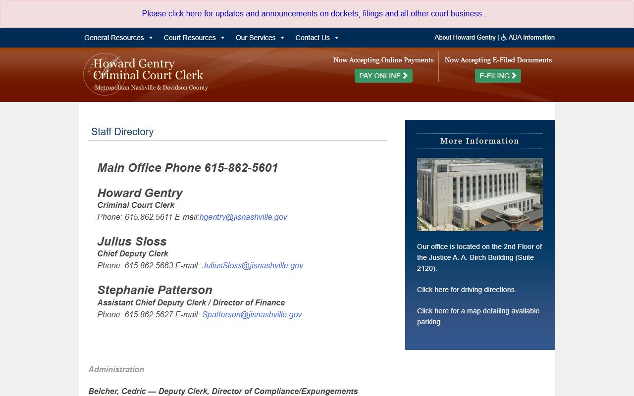 Davidson County Criminal Court Clerk records staff directory