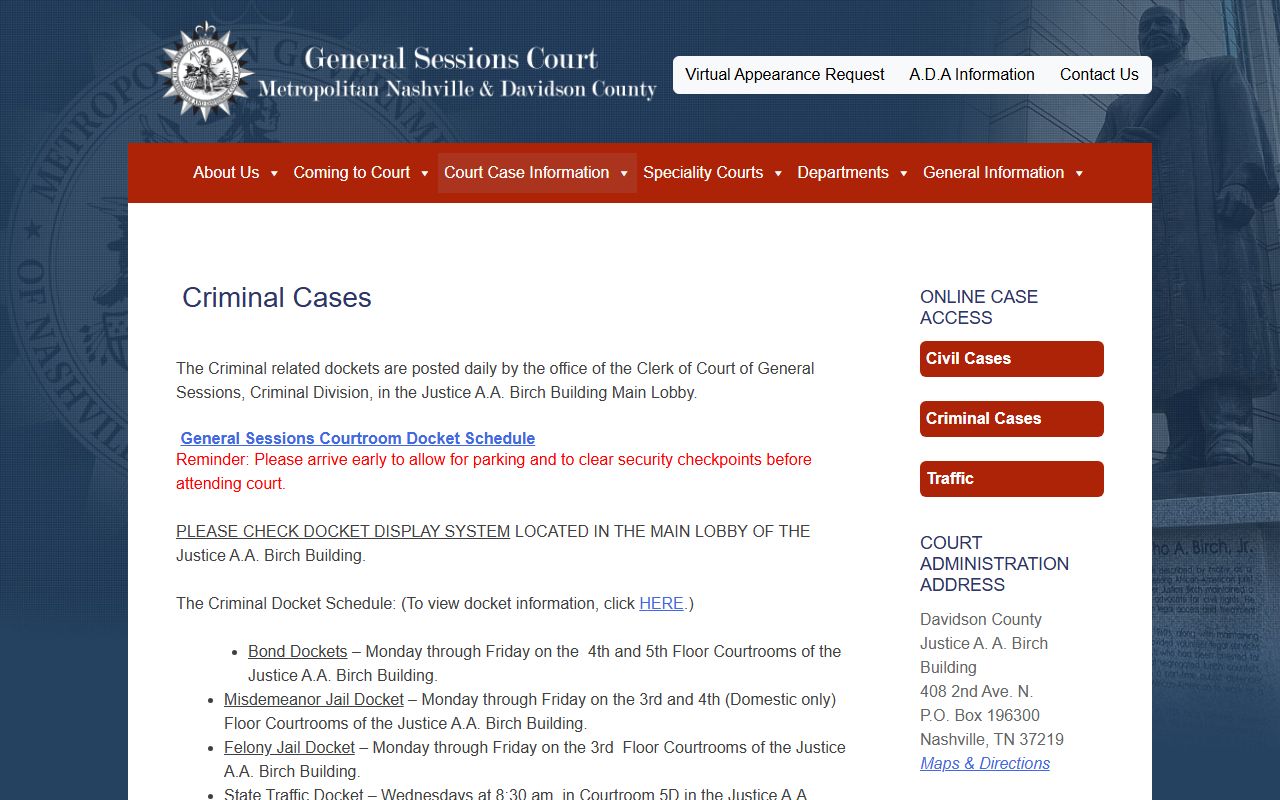 Davidson County General Sessions criminal court dockets schedule