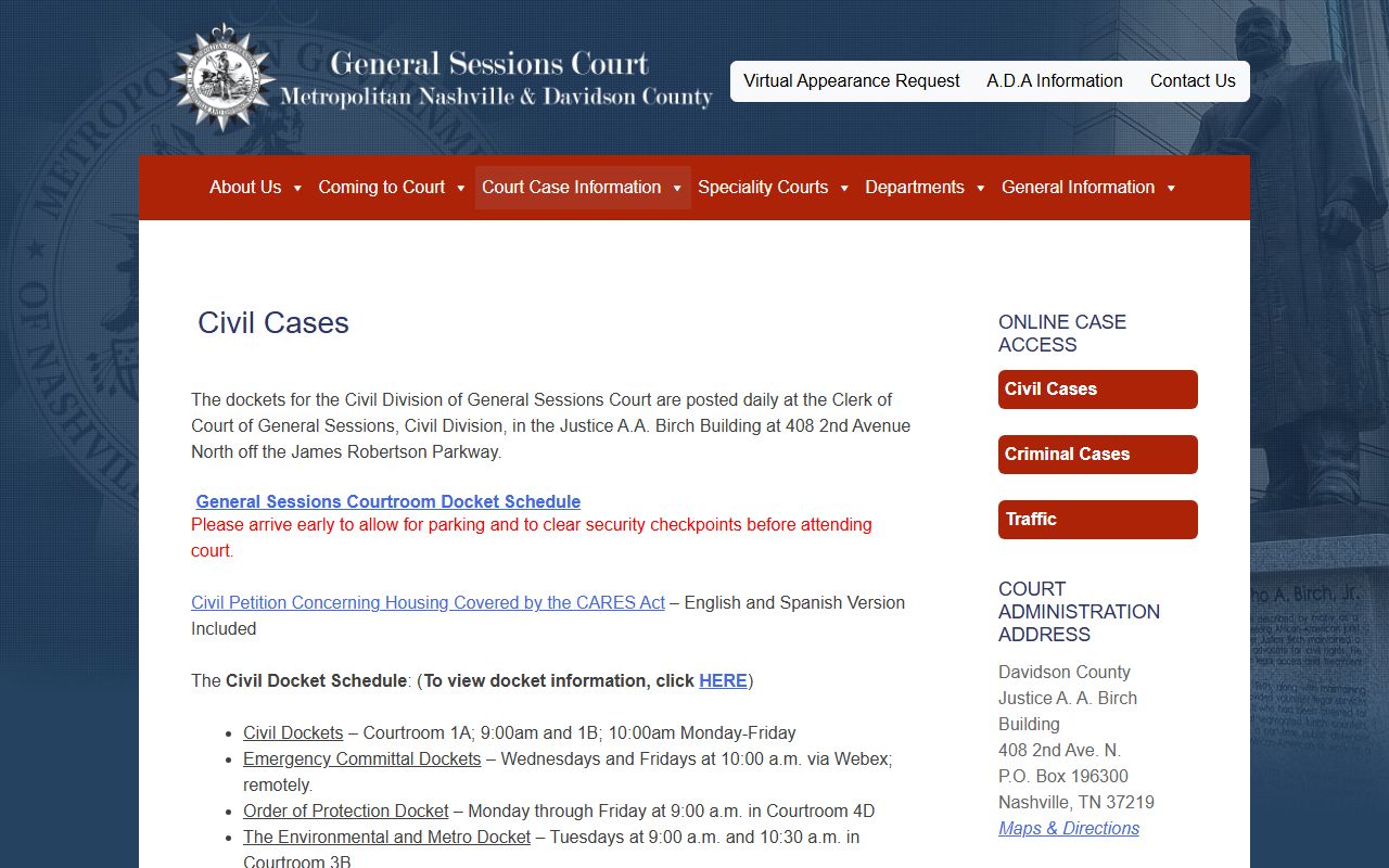 Davidson County General Sessions civil court dockets schedule