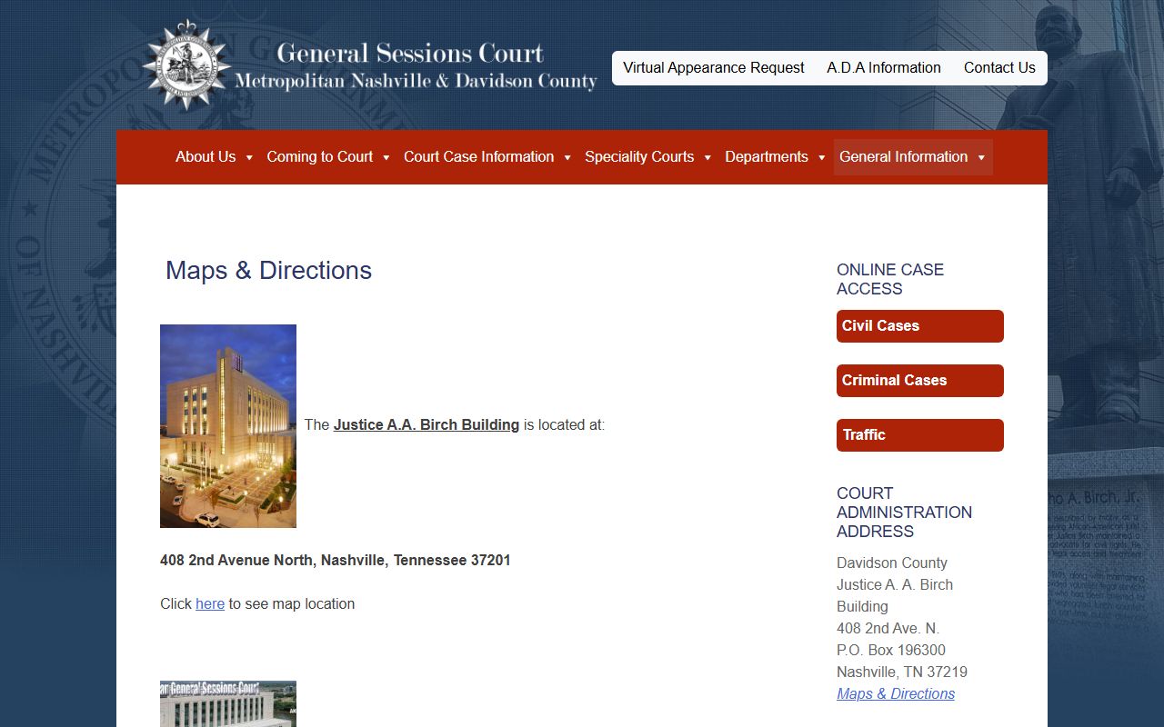 Davidson County traffic court records General Sessions maps and directions