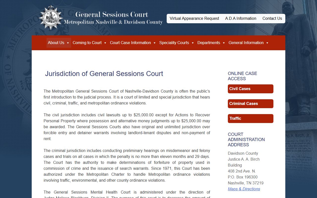Davidson County General Sessions Court jurisdiction page