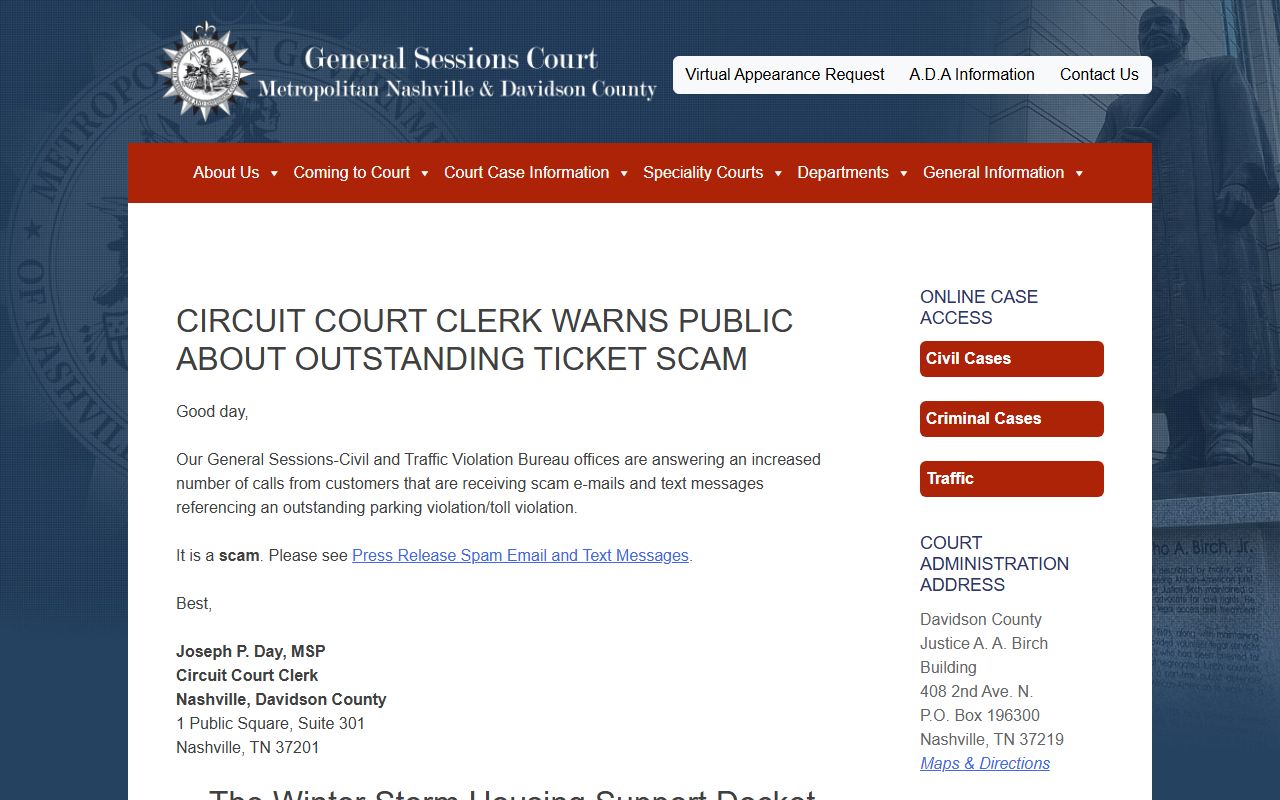 Davidson County General Sessions Court records homepage