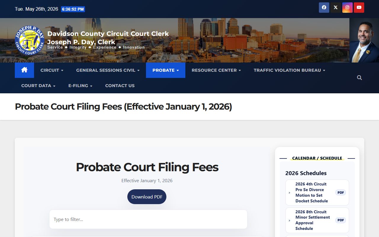 Davidson County probate records filing fees schedule
