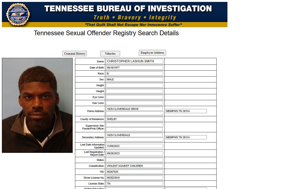Davidson County released inmate records Tennessee sex offender registry search